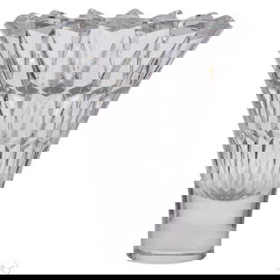Baccarat French Clear Crystal "Spirit" Flower Vase: Baccarat clear crystal vase in the Spirit pattern featuring a geometric design with deeply cut angular facets and a flared rim tapering to a thick circular base. Exhibits Baccarat's clarity, weight, a