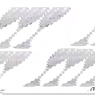 Baccarat Massena Crystal Water Goblets 7pc SET: Baccarat French crystal set of seven water goblets in the Massena pattern featuring vertical cuts on the bowls and stems. Includes three water goblets measuring 7" tall and four tall water goblets mea