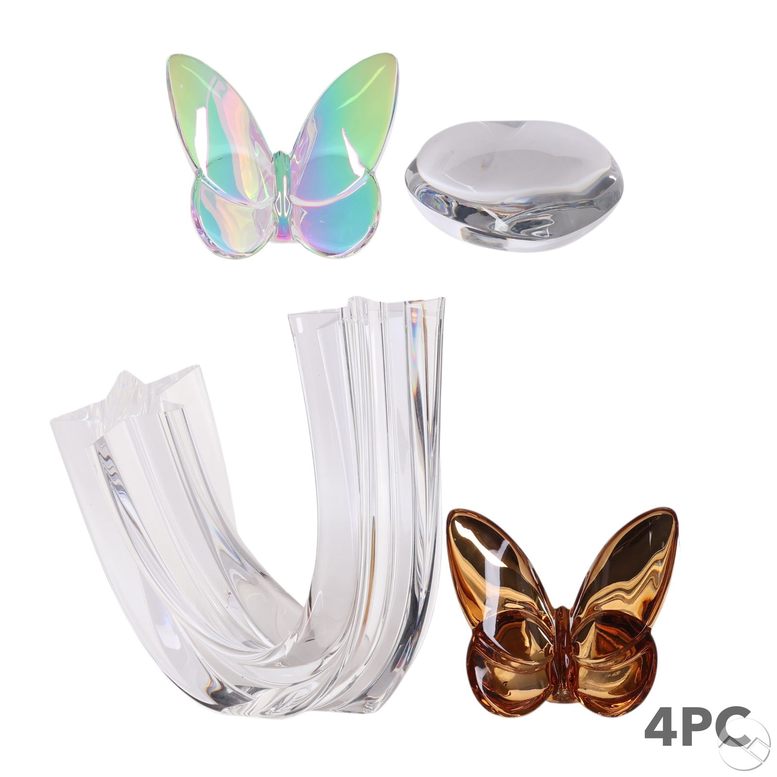Baccarat Heart Butterfly & Star Paperweights LOT: Baccarat crystal lot of four paperweights and decorative objects including a clear crystal heart paperweight, clear crystal butterfly, gold crystal butterfly, and clear crystal double shooting star sc