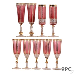 Moser Cabochon Cranberry Panel Champagne Glass 9pc