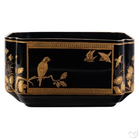 Gilt Chinoiserie Black Bohemian Glass Cache Pot