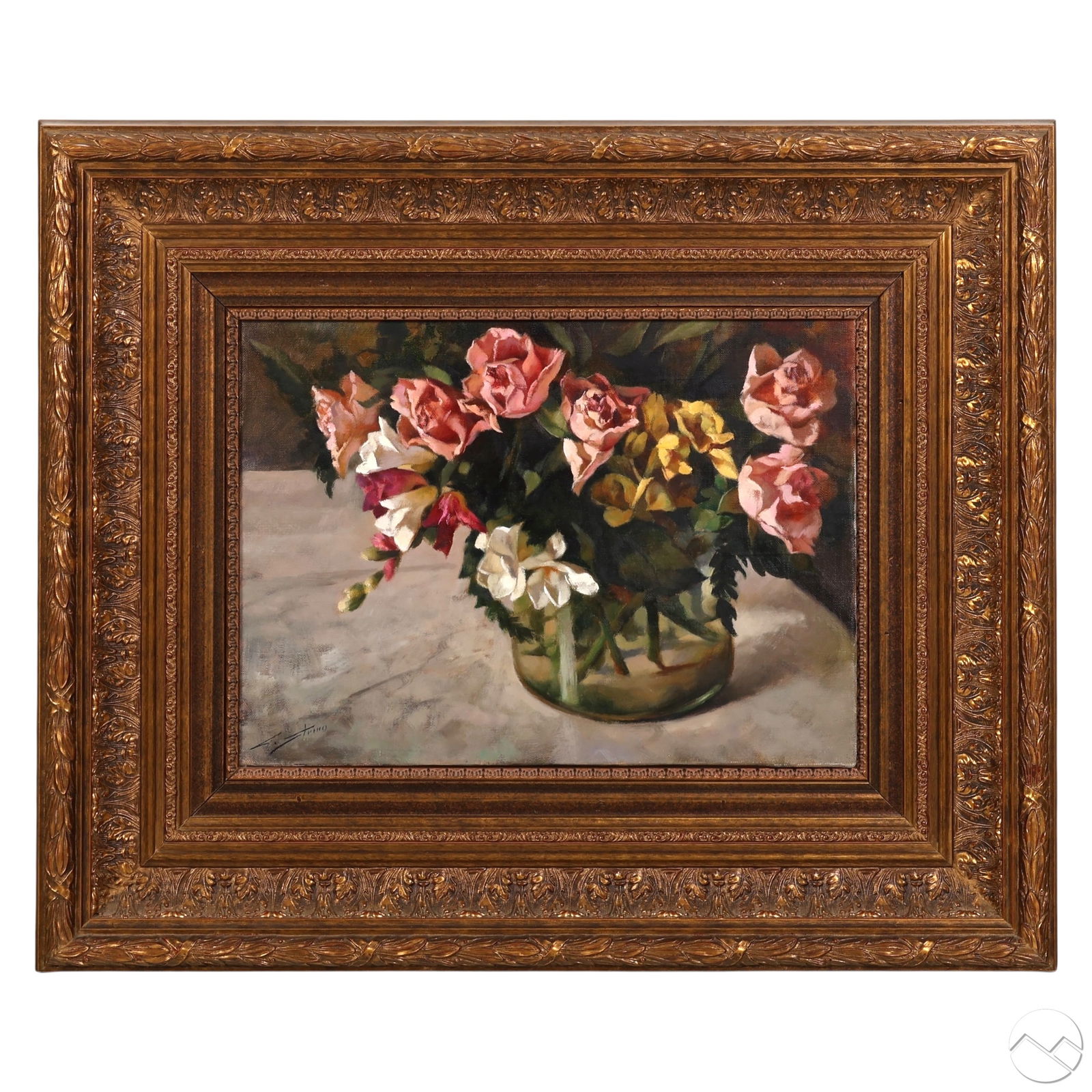 Gianni Strino b.1953 Pink Flowers in Vase Painting: Giovanni (Gianni) Strino (Italian, born 1953), Still Life/Pink Flower in Vase, oil on canvas depicting a glass vase filled with pink roses and mixed blossoms on a marble tabletop, rendered with realis