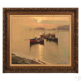 Richard 20C Calm Seascape with Fisherman Painting