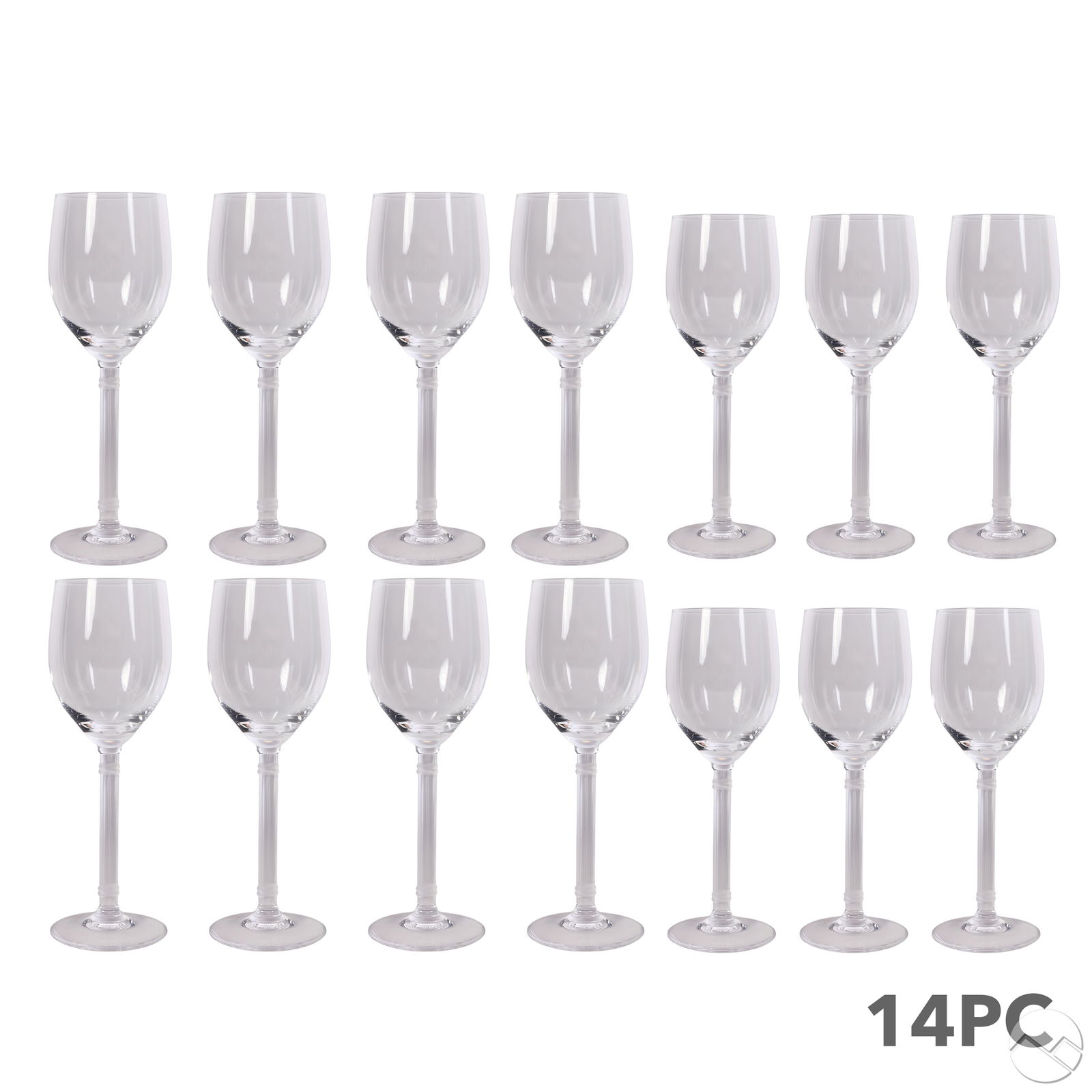 Cartier Des Must Crystal White Red & Wine Glasses: Cartier lot of fourteen crystal wine glasses in the Des Must pattern featuring a clear ribbed stem with twisted bands and rounded bowls. Includes eight red wine glasses measuring approximately 8.5" x