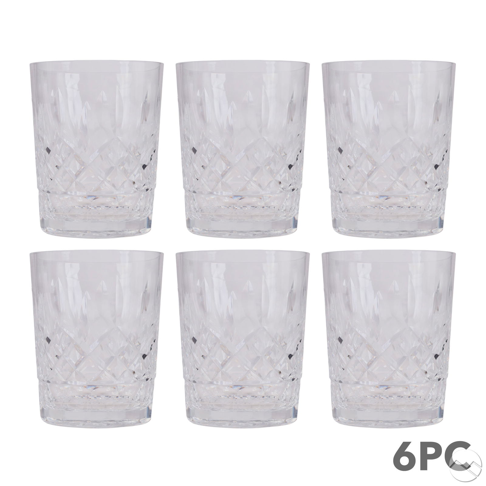 Waterford Lismore Double Old Fashion Tumblers SET: Waterford set of six cut crystal double old fashioned whiskey tumblers in the Lismore pattern with diamond and fan design and star-cut bases. Heavy, well-balanced glasses ideal for whiskey or cocktail