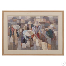 Saard Thanomwong B.1941 Thai Market Scene Painting