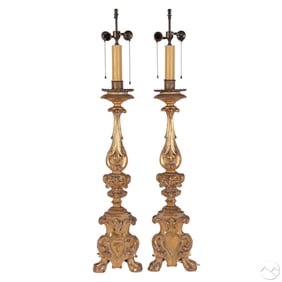 Italian Pair of Gilt Wood Candlestick Style Lamps