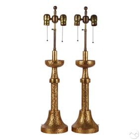Nancy Corzine Pair Gilt Designer Hammered Lamps