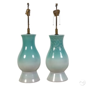 Pair Mid Century Asian Blue Ceramic Table Lamps