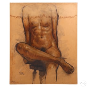 Seated Nude Female Charcoal Figural Study Drawing