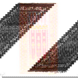 Antique Turkish Style Hand Knot Prayer Rug 91 x 57: Turkish hand-knotted wool prayer rug with a red mihrab field and triple column arches in black and gold, decorated with hanging lamp motifs and ewers. The lower section features stylized arrow and flo