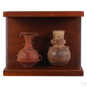 Two Pre-Columbian Style Pots In Wood & Glass Case