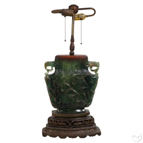 Chinese Illuminating Carved Green Fluorite Lamp