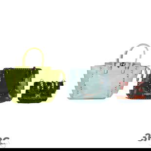 Valentino Glam Lock Leather & Feather Purse LOT: Three Valentino Garavani designer handbags including a lime green leather purse with two top handles (approx. 10" x 10" x 4") and a dark forest green leather purse with a shoulder strap (approx. 10" x