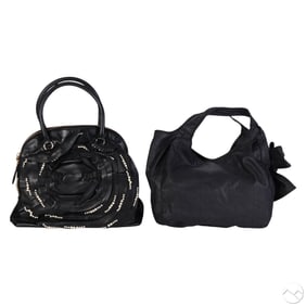 Valentino Black Denim & Leather Rose Purse 2pc LOT