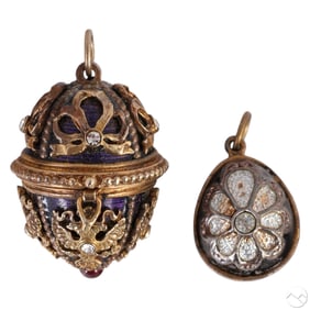 Faberge Sterling Silver Enamel Egg Pendant 2pc LOT