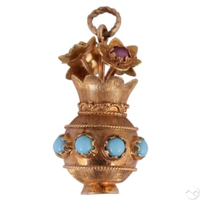 14k Gold Etruscan Turquoise & Sapphire Charm 11g.