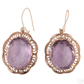 14k Gold Victorian Revival Amethyst Cameo Earrings