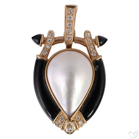14k Gold Diamond Onyx and Mabe Pearl Pendant 11g.