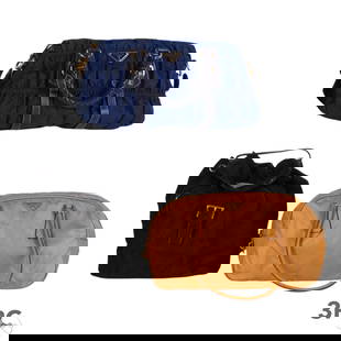 Prada Nylon Backpack Ruched Tote & Shoulderbag LOT: Three Prada designer nylon handbags featuring classic silhouettes. Includes a black drawstring backpack with buckle straps, silver-tone hardware, and a top flap closure (approx. 10" x 10" x 4"); a roy