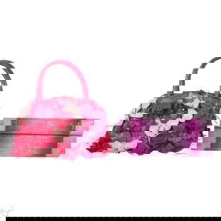 Nancy Gonzalez Exotic Leather Designer Handbag LOT: Lot of two Nancy Gonzalez luxury leather handbags, including a bright pink crocodile-embossed top handle bag with multicolor 3D leather floral appliques, and a lavender and fuchsia ombre-dyed exotic s