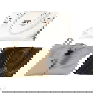 Salvatore Ferragamo Vintage Purse and Tote 3pc LOT: Three Salvatore Ferragamo Italian designer handbags, including a white vintage leather satchel with Gancini gold-tone hardware, dual top handles with adjustable buckle details, and a top flap closure,