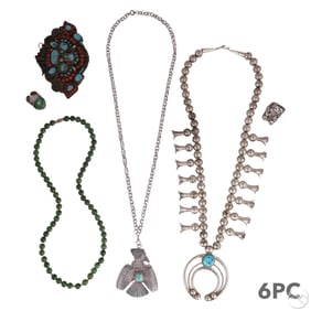 Silver Navajo Necklaces Ring & Jade Beads 6pc LOT