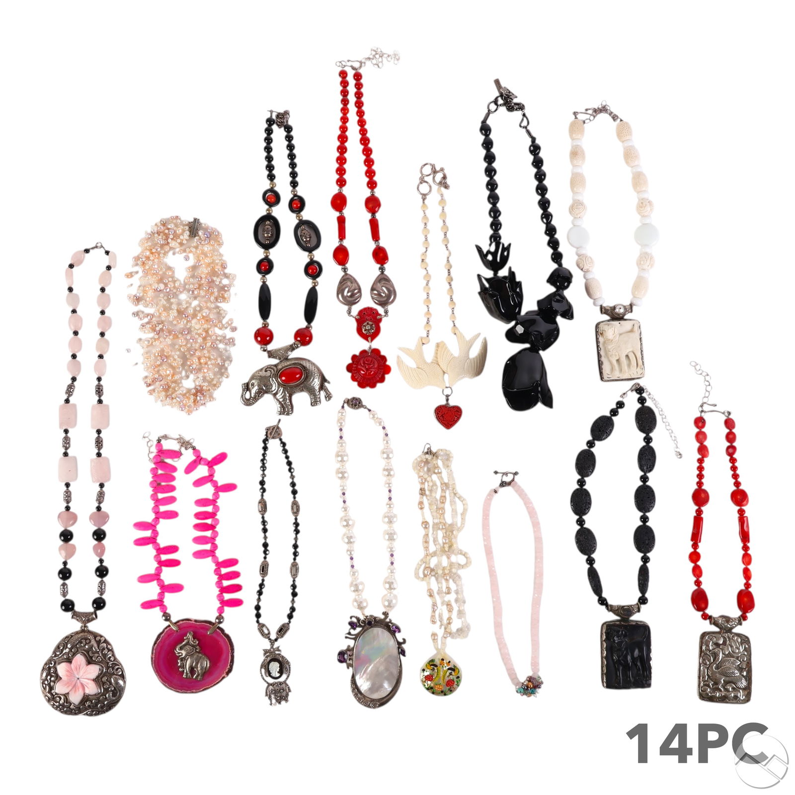 Carved Beaded & Silver Statement Necklace 14pc LOT: Estate collection of fourteen statement necklaces featuring a mix of carved pendants, silver-tone accents, vibrant beads, and varied organic materials. Highlights include three hand-carved dog profile