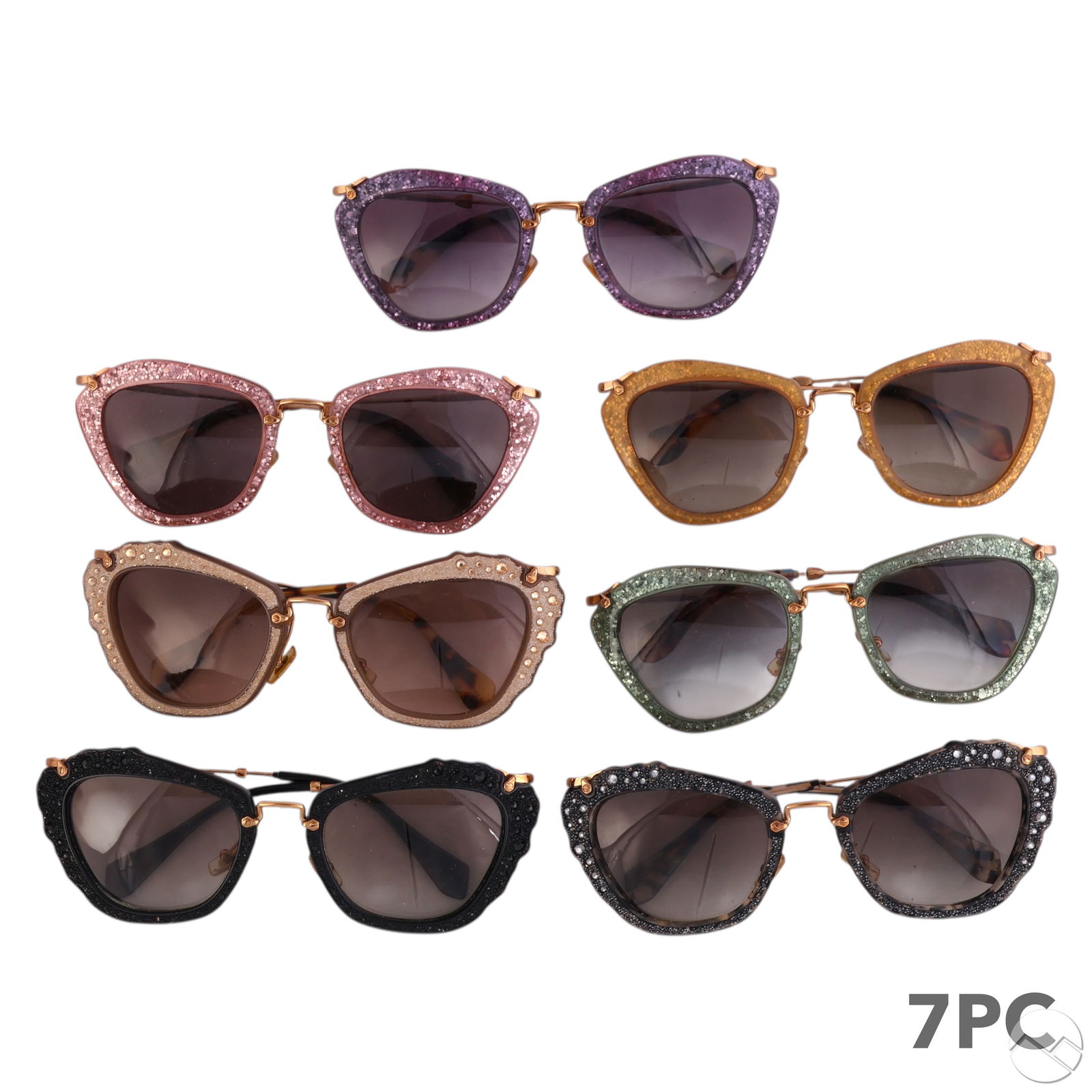 Miu Miu Italian Womens Designer Sunglasses 7pc LOT: Seven pairs of Miu Miu women's designer sunglasses in a range of bold and glamorous styles, each accompanied by its original pink velvet hard case. The assortment includes oversized and cat-eye frames