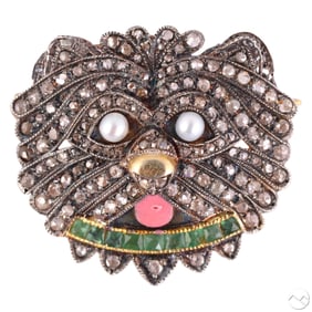 Gold Silver & Rose Cut Diamond Dog Brooch Pendant