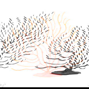 Metal Life Size Branch Coral Fire Screen Sculpture: Metal sculpture in the form of a large branching sea fan coral, crafted in metal with a painted red and orange patinated finish. The structure mimics the natural spread of gorgonian coral, featuring f