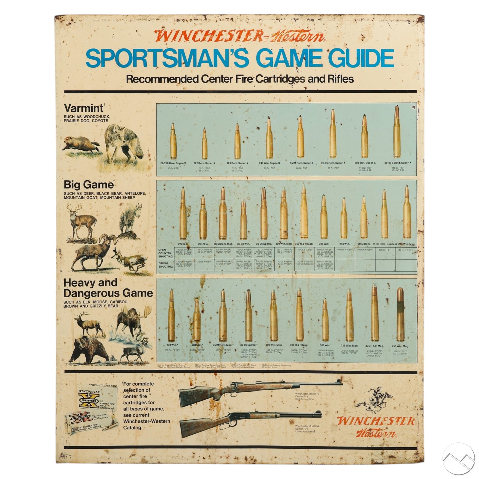 Vintage Winchester Western Tin Sign & Gun Catalog: Vintage Winchester Western tin lithographed Sportsmans Game Guide advertising sign accompanied by a Winchester Repeating Arms Co. catalog. The guide outlines recommended center fire cartridges and rif