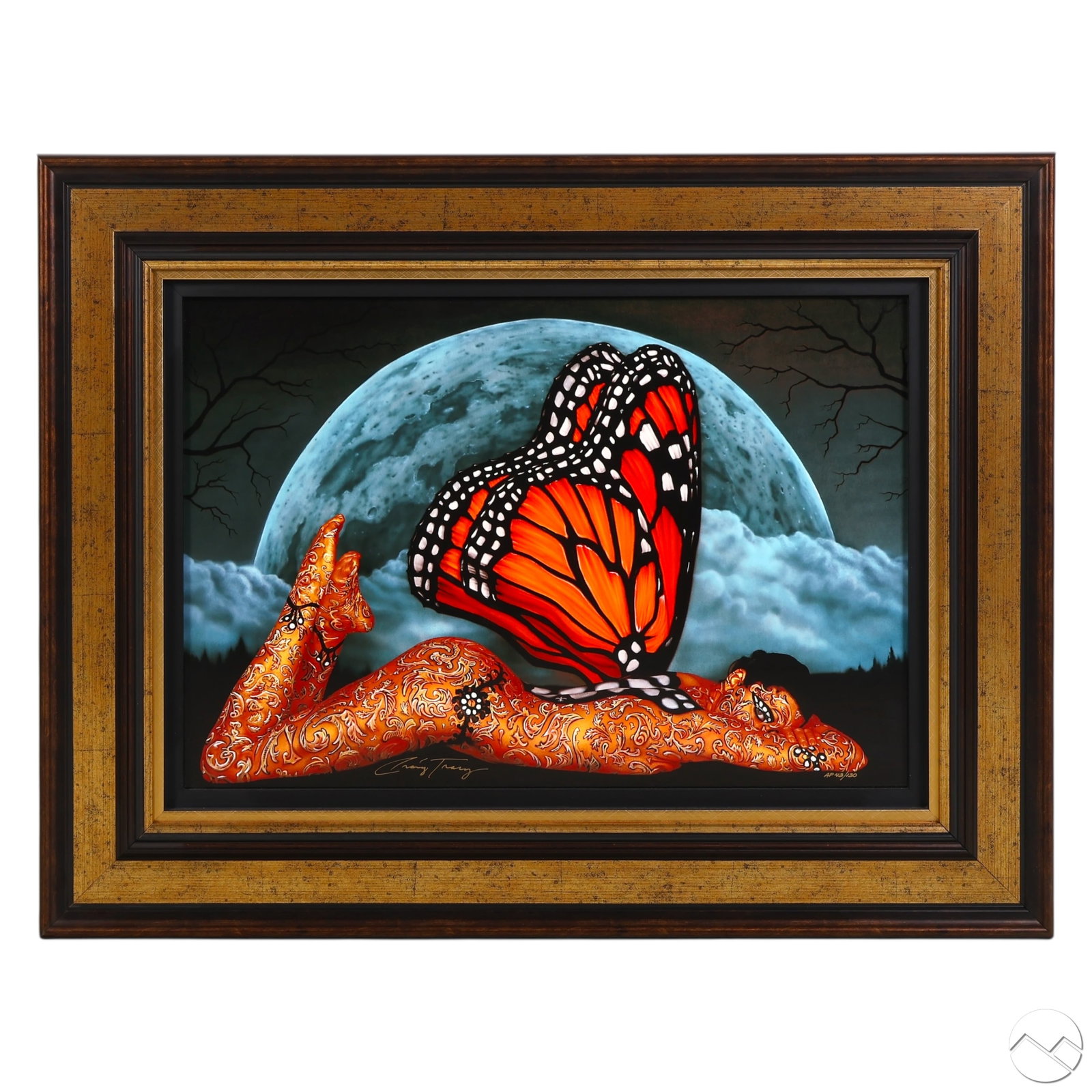 Craig Tracy b1987 Monarch Surreal Photo Art SIGNED: Craig Tracy (American, born 1987), Monarch, dye sublimation on acrylic depicting a nude female figure painted in orange and black butterfly motifs, posed against a full moon and cloudy night sky. Sign