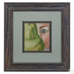 Surreal Green Pear and Eye Portrait Drawing SIGNED