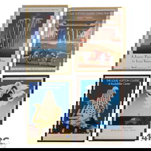 Louis Vuitton Razzia Promotional Posters 4pc LOT: Lot of four framed Louis Vuitton advertisement posters featuring artwork by Razzia, commissioned for major brand exhibitions and events celebrating travel and automotive elegance. Each poster showcase