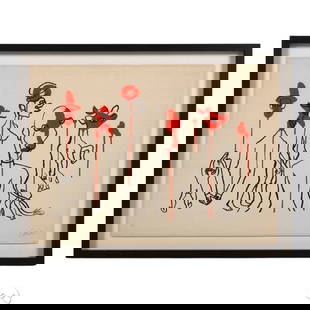 Alexander Calder 1898-1976 Circus 4 Litho SIGNED: Alexander Calder (New York / France, 1898-1976), Circus 4 (Les Gueules Decoulinates), color lithograph on paper featuring abstracted human and animal figures in black with red accents. Executed in Cal