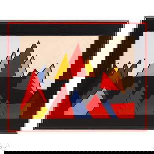 Alexander Calder 1898-1976 Pyramids Litho SIGNED: Alexander Calder (New York / France, 1898-1976), Pyramids, color lithograph on paper featuring a dynamic mountain-like arrangement of angular red, yellow, blue, and black triangular forms against a cr