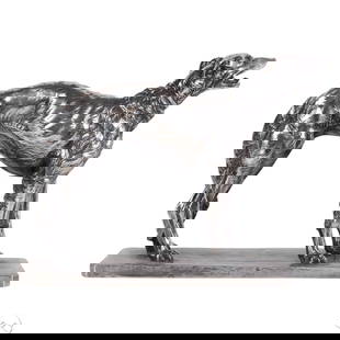 Ralph Lauren Decorative Borzoi Greyhound Sculpture: Ralph Lauren Home decorative silver-plated sculpture depicting a standing Borzoi Greyhound dog on a flat base. The makers brand "Ralph Lauren" is incised on the side of the base. Description created b