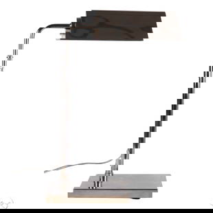 Ralph Lauren Vintage Style Chrome Articulated Lamp: Ralph Lauren Home vintage-style articulating desk lamp in polished chrome, featuring a rectangular base, adjustable shaft, and angular pivoting shade for task or reading light. The streamlined design