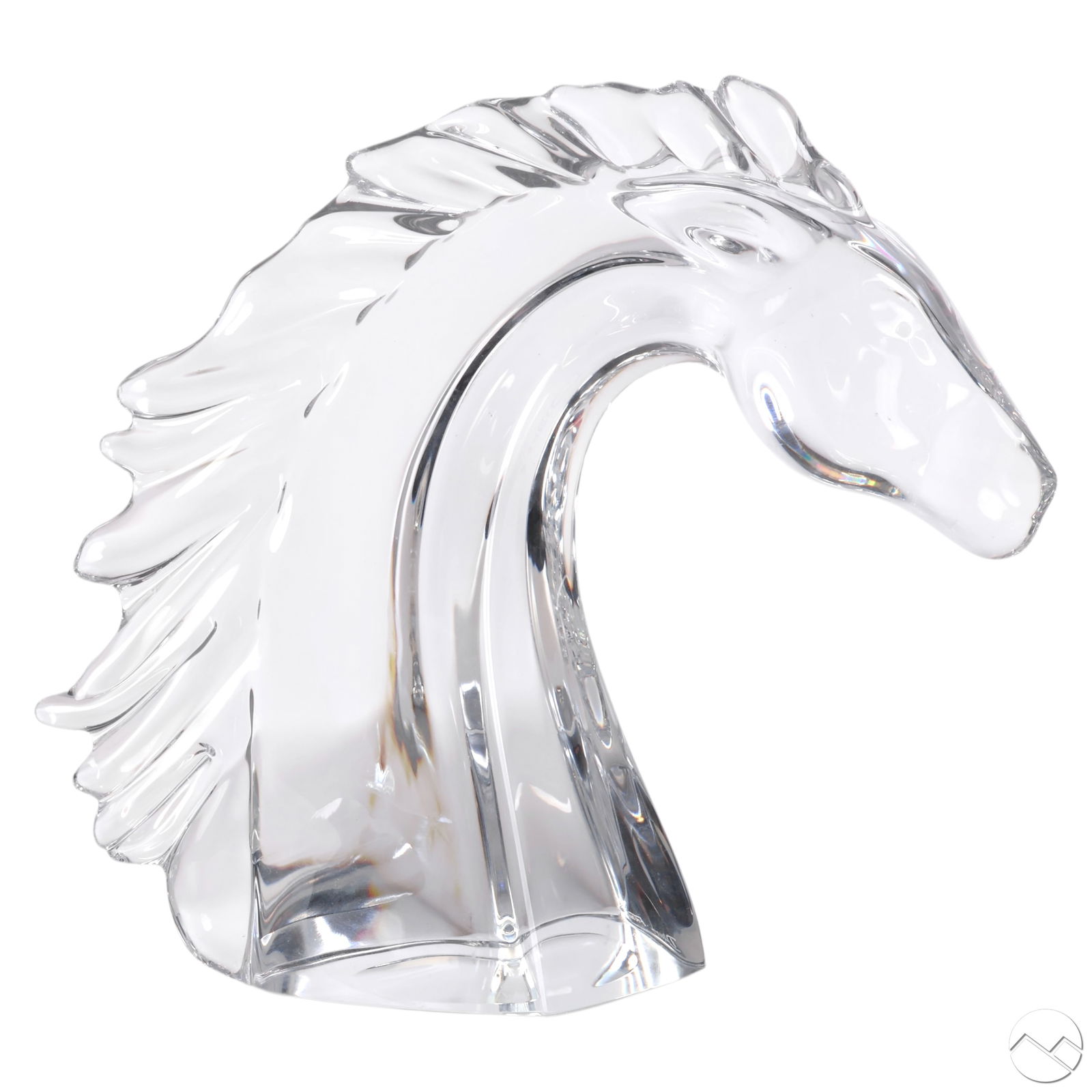 Daum Nancy Sculptural Clear Crystal Horses Bust: Daum Nancy French clear crystal horse head featuring a molded form with a flowing, wavy mane. The piece captures the dynamic contours of the horse in a stylized, fluid design. Incised "Daum France" on