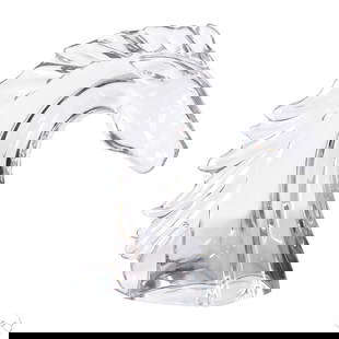 Daum Nancy Sculptural Clear Crystal Horses Bust: Daum Nancy French clear crystal horse head featuring a molded form with a flowing, wavy mane. The piece captures the dynamic contours of the horse in a stylized, fluid design. Incised "Daum France" on