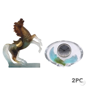 Daum France Pate De Verre Horse and Desk Clock LOT