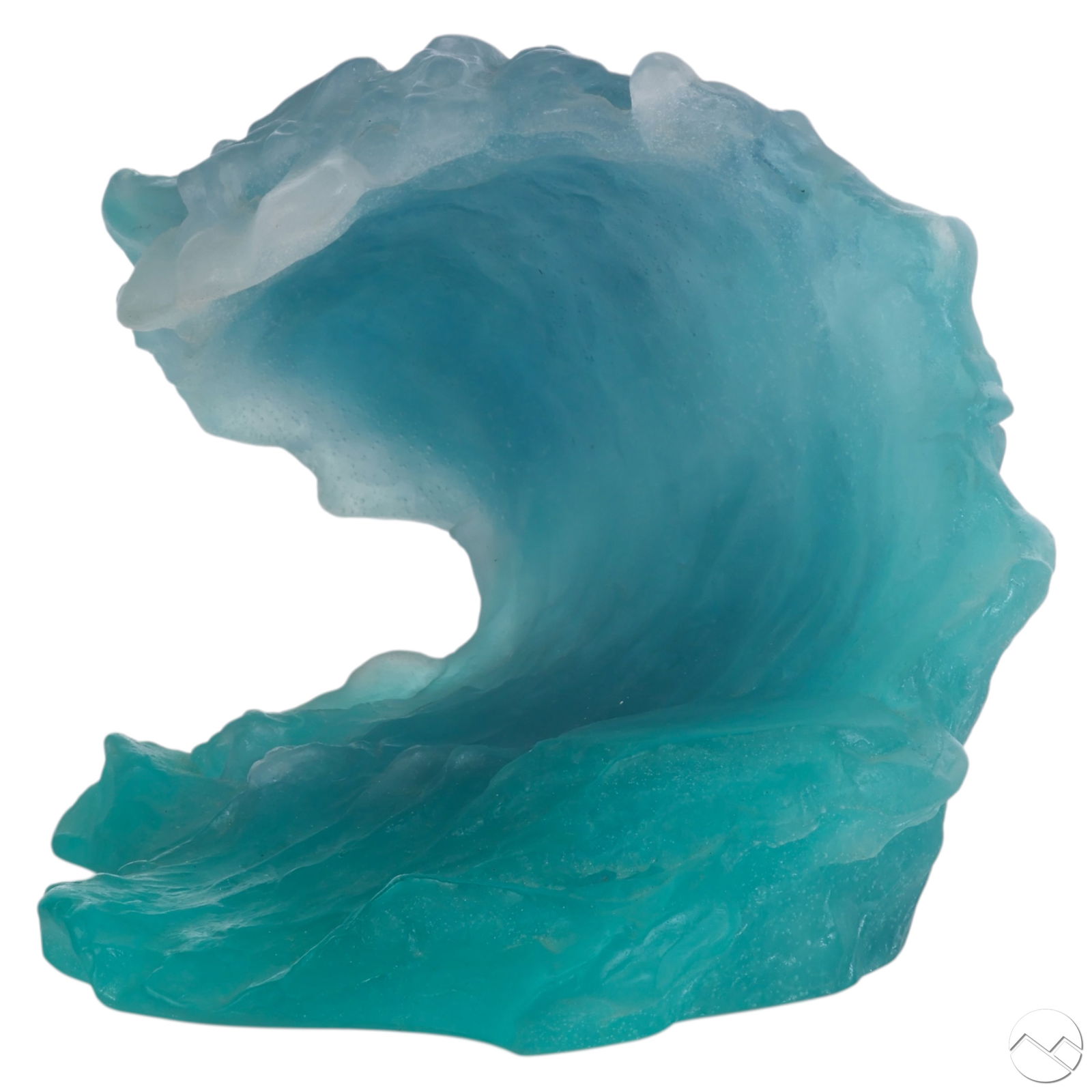 Daum French Pate De Verre Cristal Wave Sculpture: Daum French art glass sculpture featuring a wave form crafted in green, blue, and turquoise pate de verre glass. Signed Daum France along the rim of the base. Description created by SnapGenie.com<