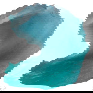 Daum French Pate De Verre Cristal Wave Sculpture: Daum French art glass sculpture featuring a wave form crafted in green, blue, and turquoise pate de verre glass. Signed Daum France along the rim of the base. Description created by SnapGenie.com<