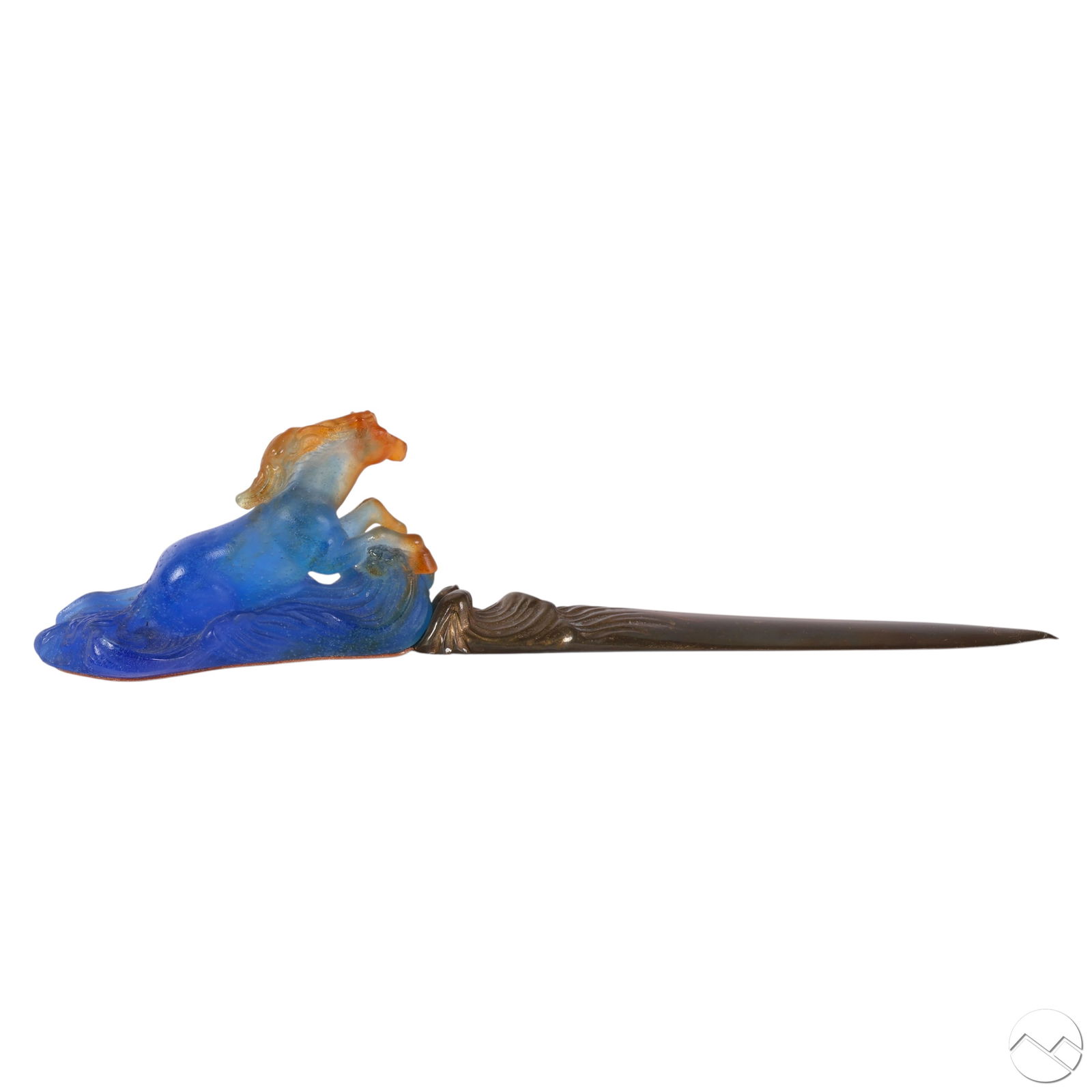 Daum France Pate De Verre & Bronze Letter Opener: Daum France pate de verre letter opener featuring a cast bronze tone blade and a sculpted glass handle in the form of a rearing horse, rendered in translucent amber and blue hues with fluid, wave-like