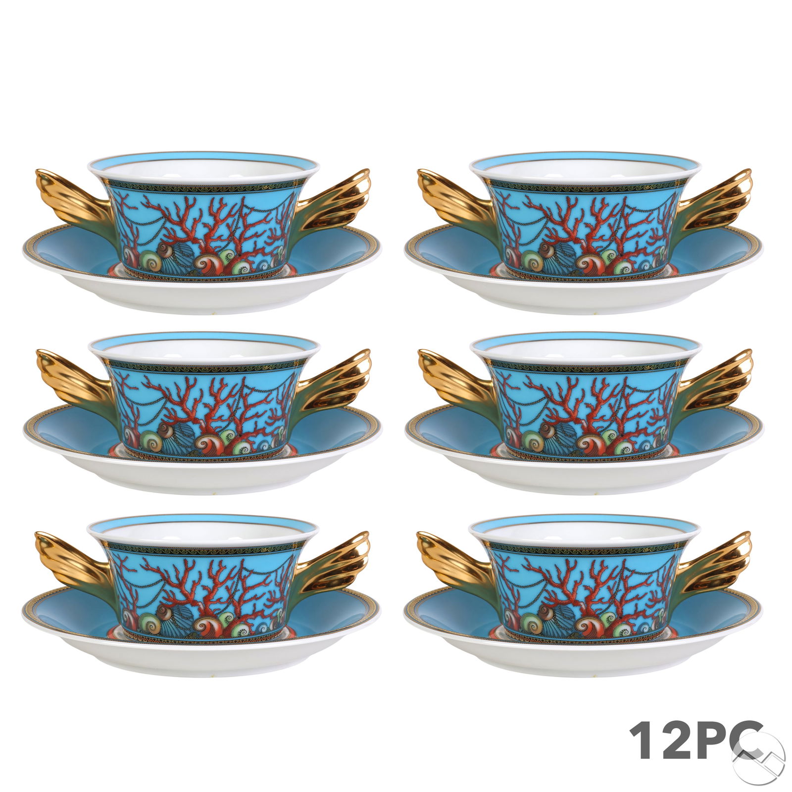 Versace Rosenthal Les Tresors Cream Soup Bowl SET: Rosenthal Versace double-handled porcelain cream soup cup and saucer set from the Les Tresors de la Mer (Treasures of the Sea) collection, designed by Paul Wunderlich in the Mythos form. Produced from