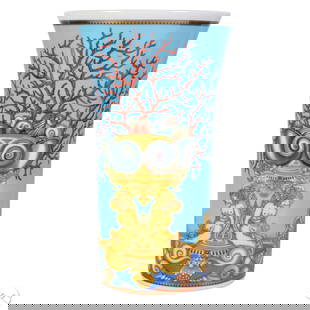 Versace Rosenthal Les Tresors De La Mer 13" Vase: Rosenthal Versace porcelain vase modeled in the Les Tresors de la Mer pattern. Produced from 1996-2022. Showcases a vividly colored design inspired by oceanic mythology. The flared cylindrical form is