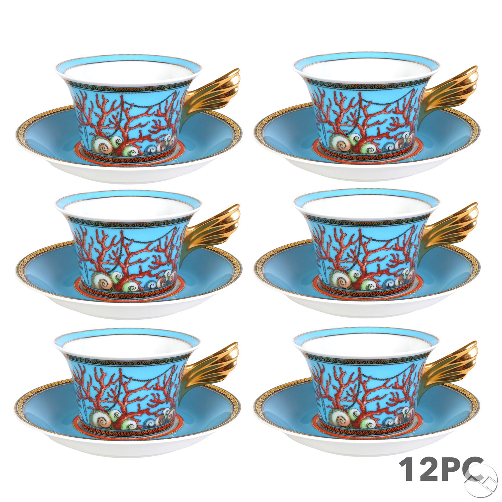 Versace Rosenthal Les Tresors Cup Saucer 12pc SET: Rosenthal Versace porcelain set of six cups and six saucers from the Les Tresors de la Mer (Treasures of the Sea) collection, designed by Paul Wunderlich in the Ikarus form. Produced from 1996-2022. F