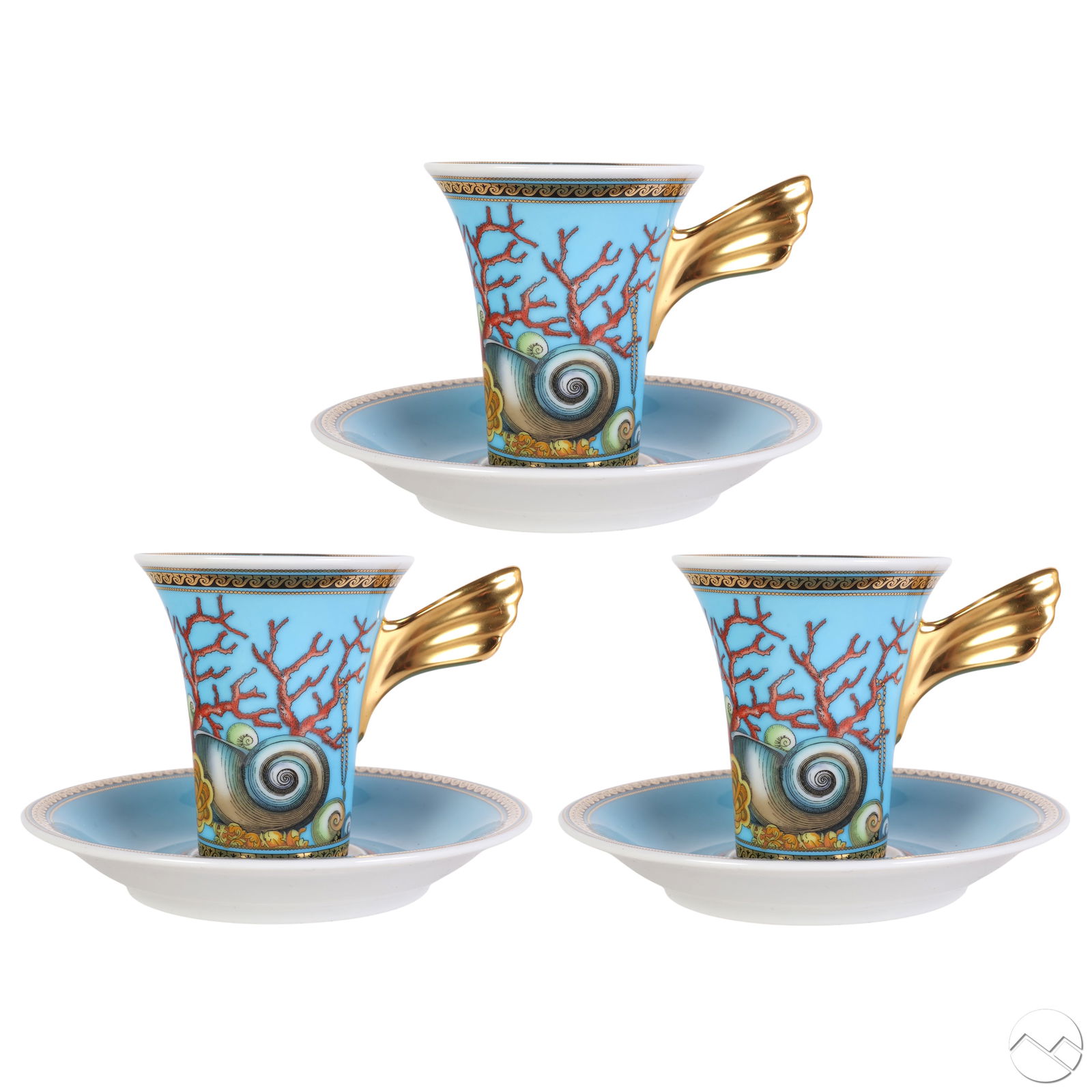 Versace Rosenthal Les Tresors De La Mer Cup Saucer: Rosenthal Versace set of three espresso cups and saucers from the Les Tresors de la Mer (Treasures of the Sea) collection, designed by Paul Wunderlich in the Ikarus form. Produced from 1996-2022. Each