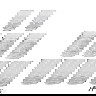 Ralph Lauren Glen Plaid Broughton Glasses 9pc LOT: Nine Ralph Lauren assorted clear crystal whiskey and vodka glasses in various cut and molded patterns. Includes three matching grid cut Double Old Fashioned glasses in the Glen Plaid pattern, circa 19